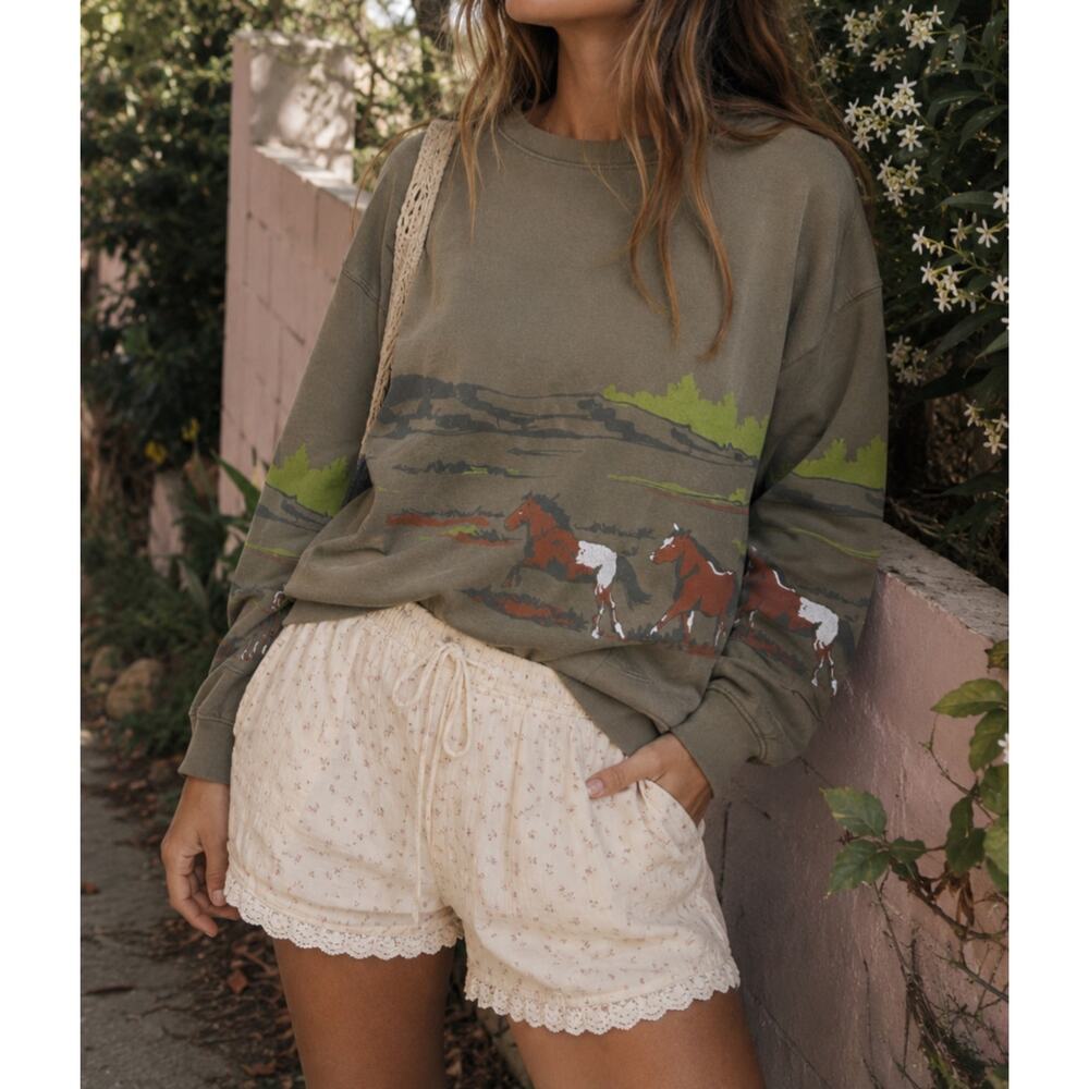Daydreamer Running Horses Oversized Sweatshirt Free People Green Large
